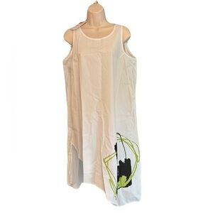 Luukaa Poplin Asymmetrical Dress in White with Green and Black Graphic
